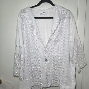 LORI White Lace Embroidered Blouse Cardigan Boho Romantic Cottagecore XL 1X
